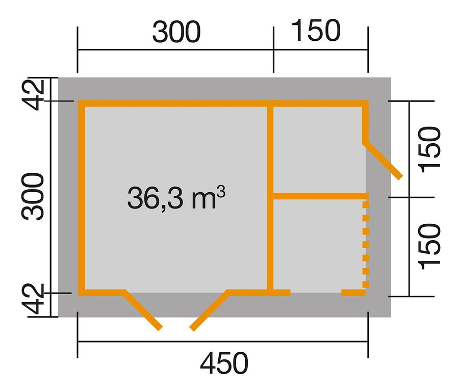 Grundriss WEKA Gartenhaus mit (Holz-)Lagerplatz und Zusatzraum.