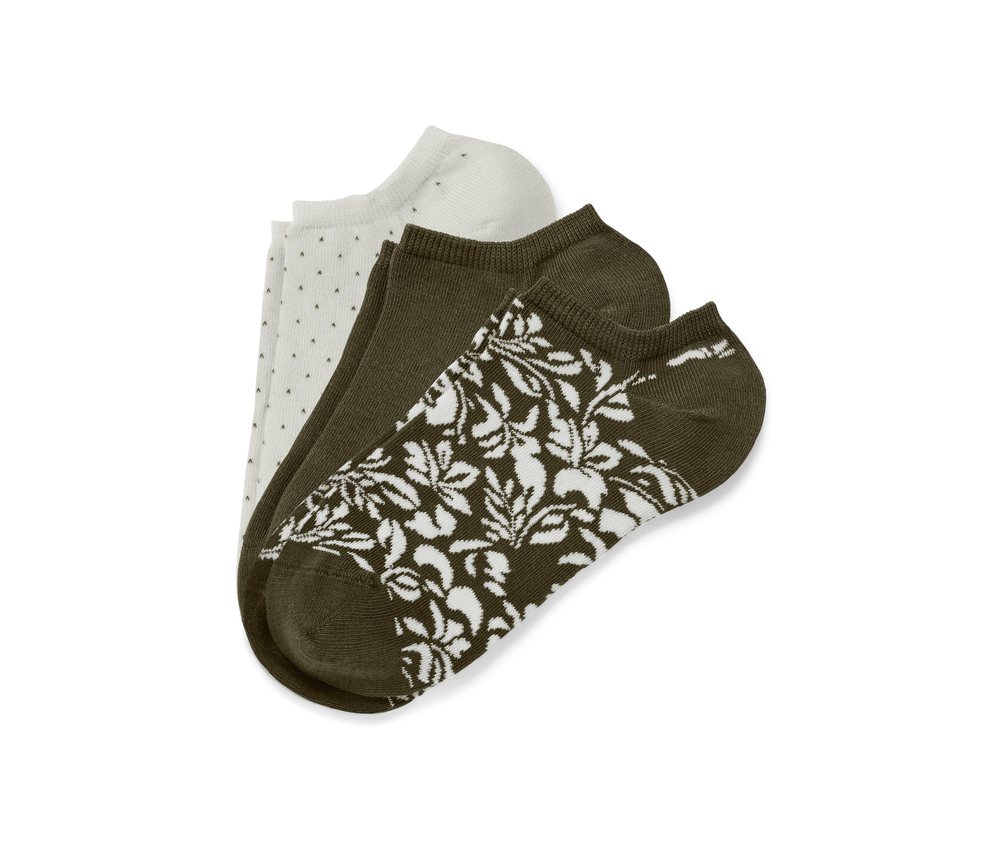 Drei Paar Sneakersocken: weiße mit Punkten, olivgrüne und olivgrüne mit weißem Blumenmuster.