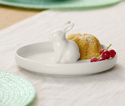 Teller mit Osterhase, Gugelhupf und rote Johannisbeeren auf einem Tisch.