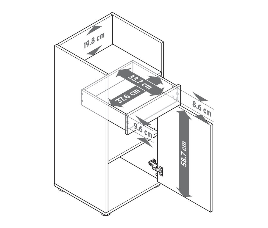 Eine schematische Darstellung eines kleinen Büroschranks mit Furnierkante und Bemaßungen.