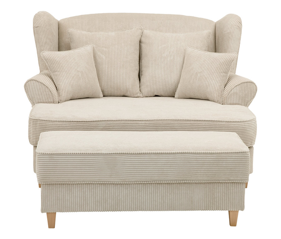 Beige aufklappbare Hockerbank mit Stauraum und XXL-Ohrensessel »Harvard« aus Cordstoff.