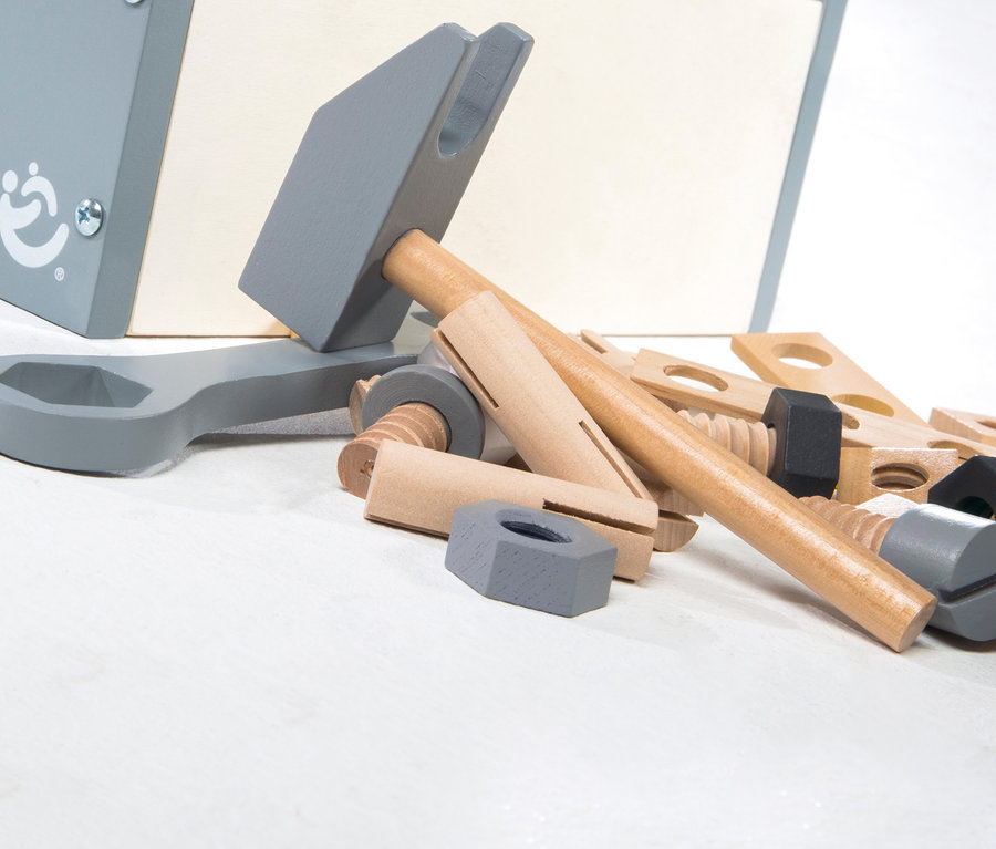 Graues 22-teiliges roba Werkzeugkiste Set mit Hammer, Schraubenschlüssel, Schrauben und Muttern auf weißem Hintergrund.