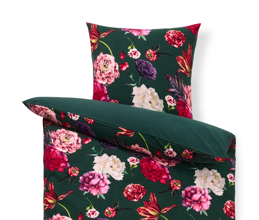 Grüne Biber-Bettwäsche mit Blumenmuster.