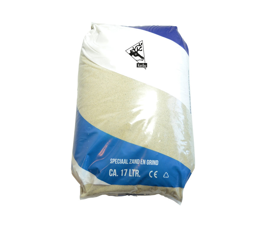 Ein 17-Liter-Sack Karibu Sand und Kies, der teilweise weiß und teilweise blau ist.