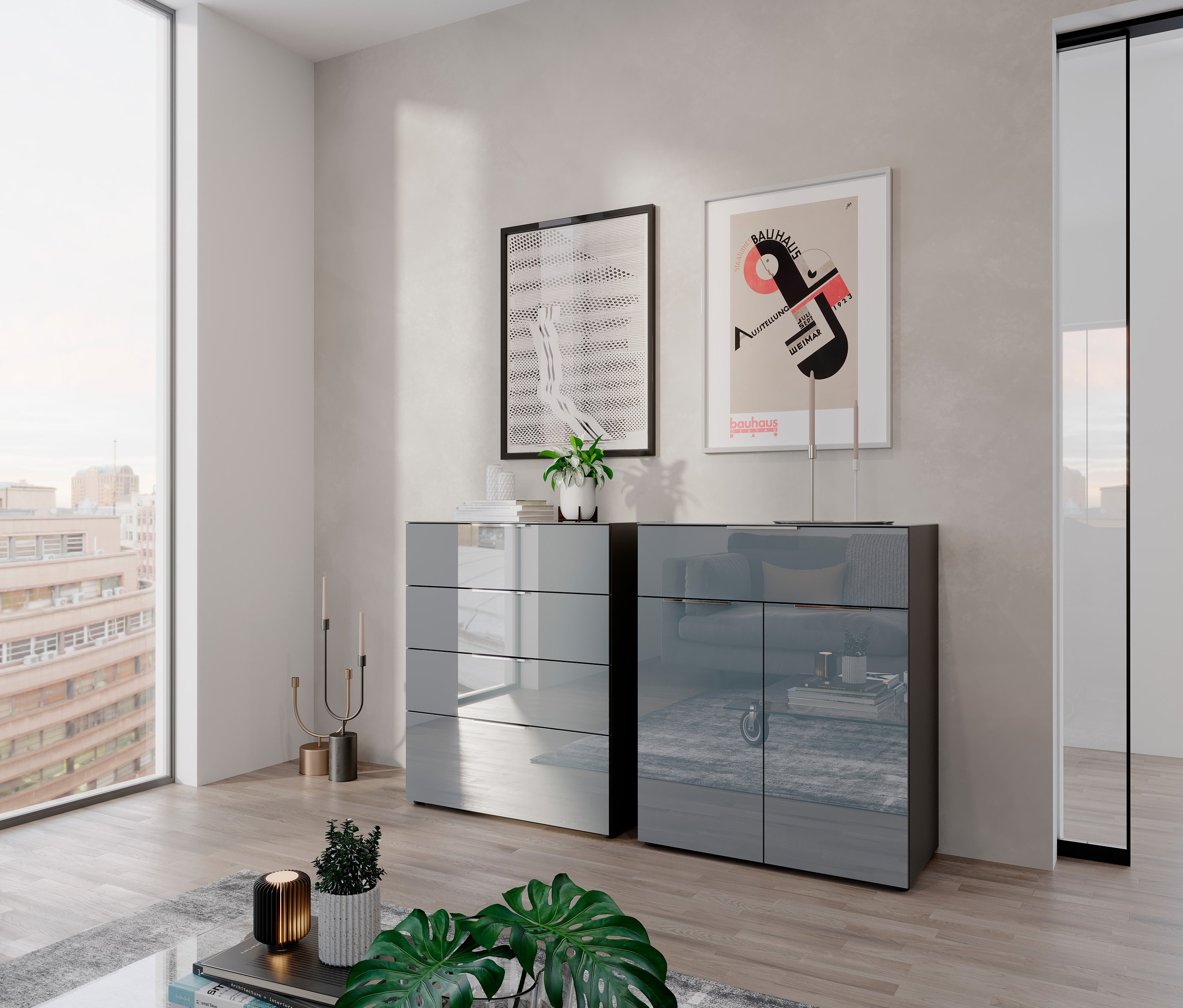 Wohnzimmer mit grauer Kommode »Laholm« und graphit-silbergrauer Kommode »Oakland« mit 2 Türen, 1 Schublade.