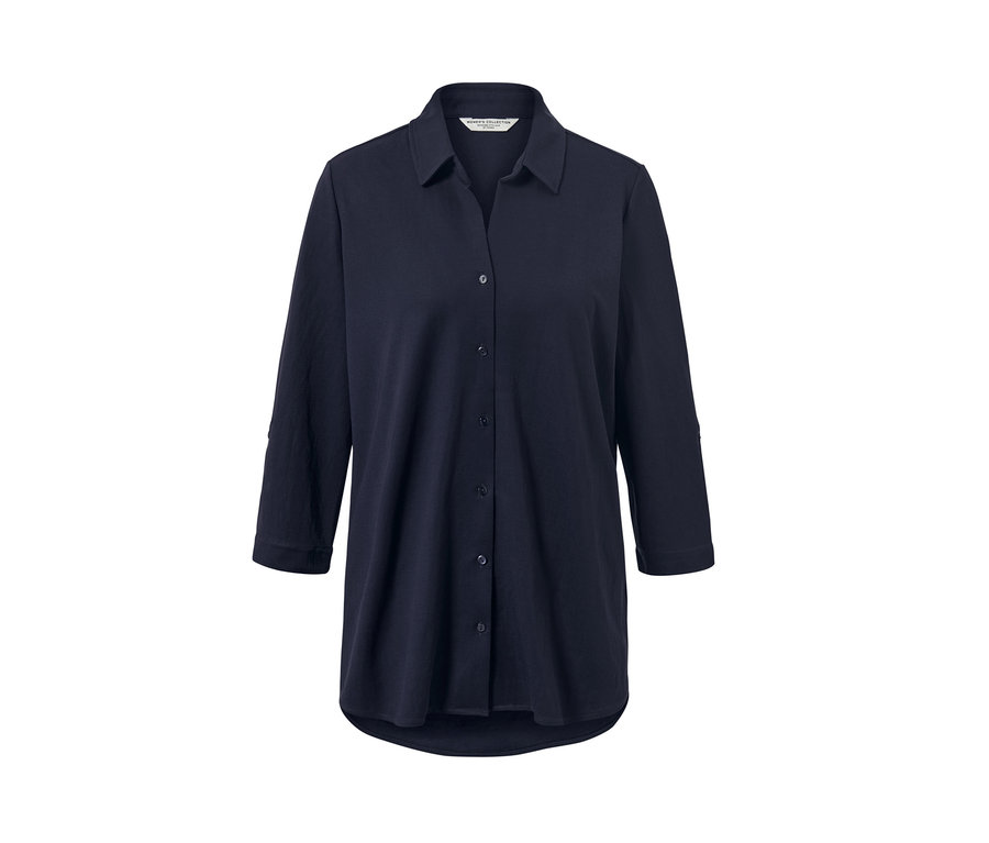Dunkelblaue Piqué-Jerseybluse mit Knöpfen und Dreiviertelärmeln.