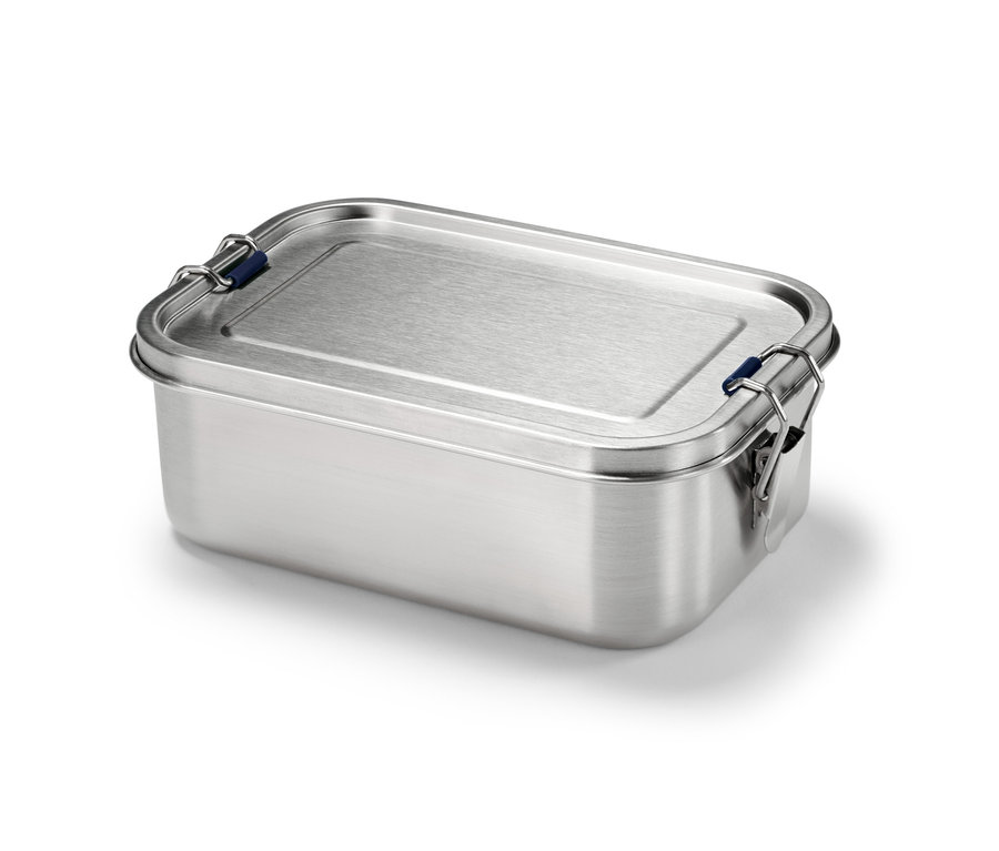 Eine silberne To-go-Lunchbox aus Edelstahl.