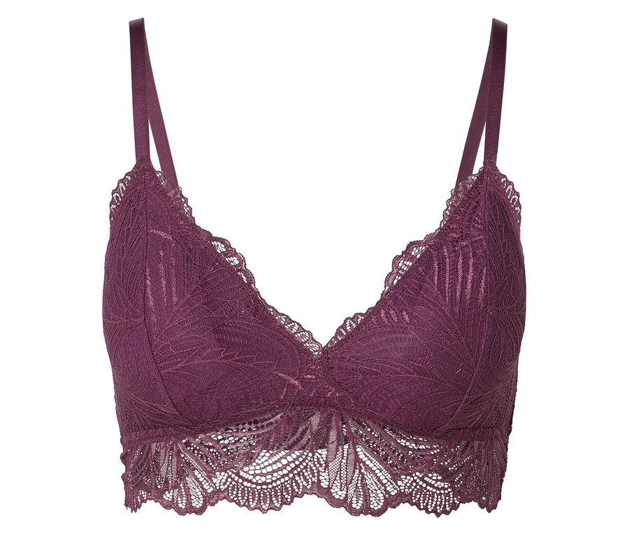 Ein lila Spitzen-Bralette auf weißem Hintergrund.