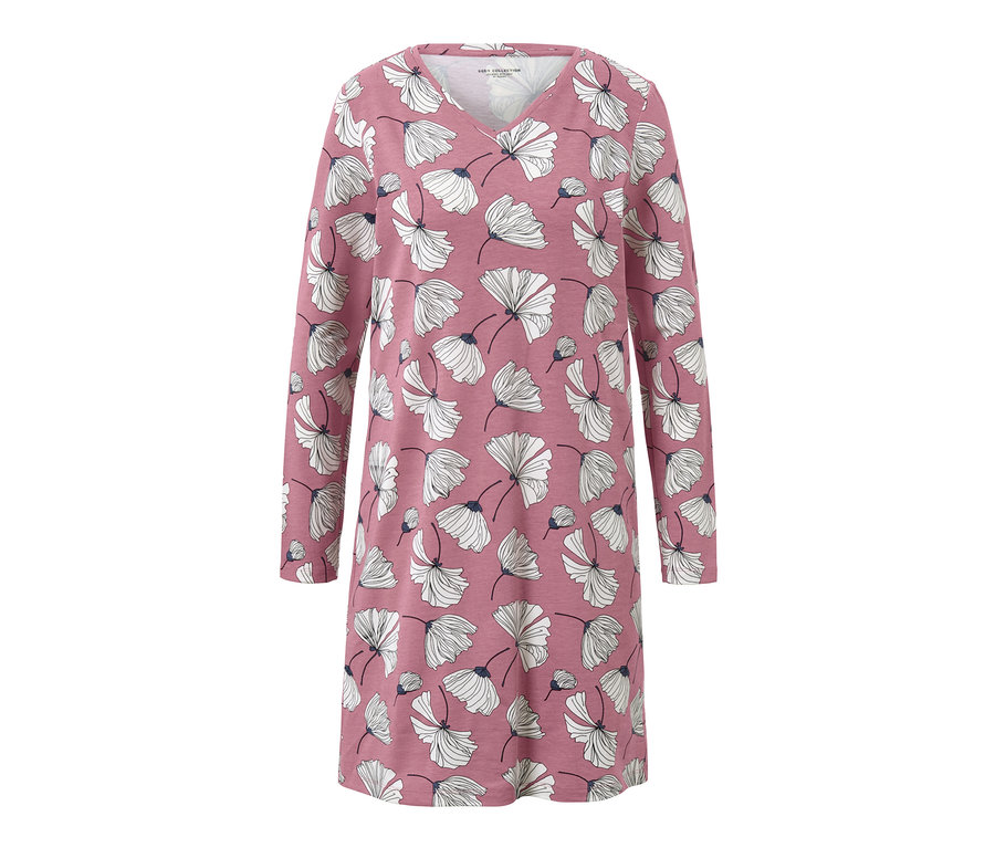 Rosa Nachthemd mit langen Ärmeln und weißen Blumen.