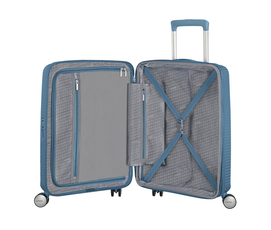 Offener blauer American Tourister Hartschalen-Koffer »Soundbox« Spinner.