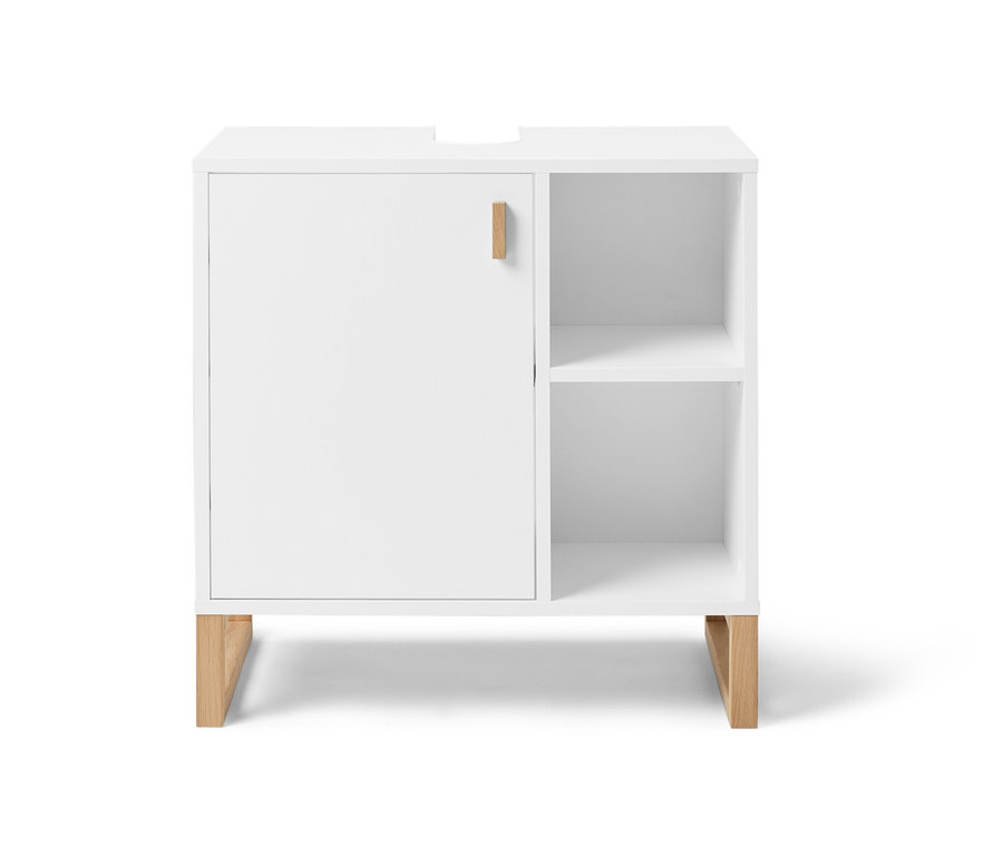 Weißer Waschbeckenunterschrank mit Tür und Seitenfach.