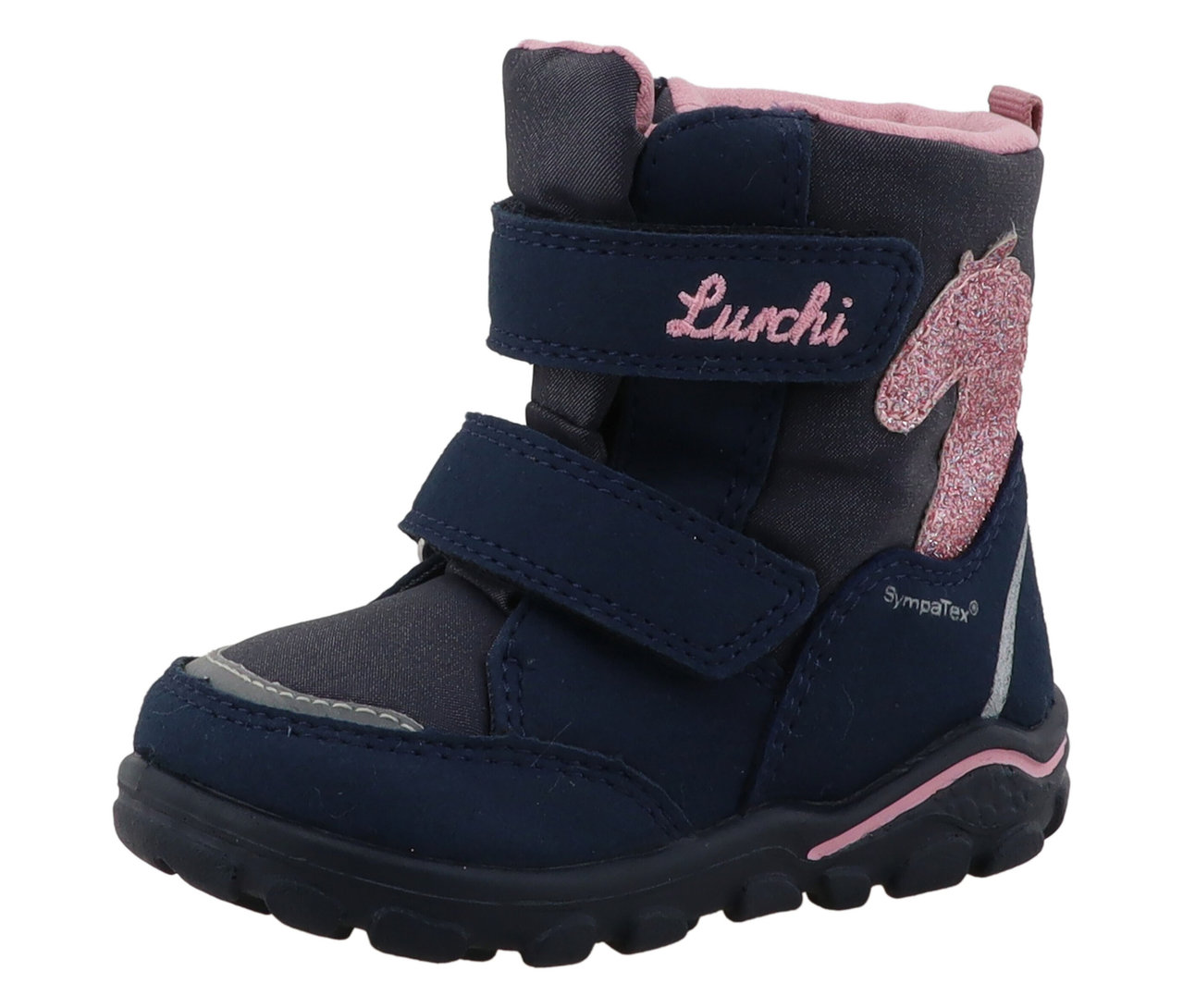 Dunkelblauer LURCHI »Kalea-SYMPATEX« Winterstiefel für Kinder mit rosa Pferd.