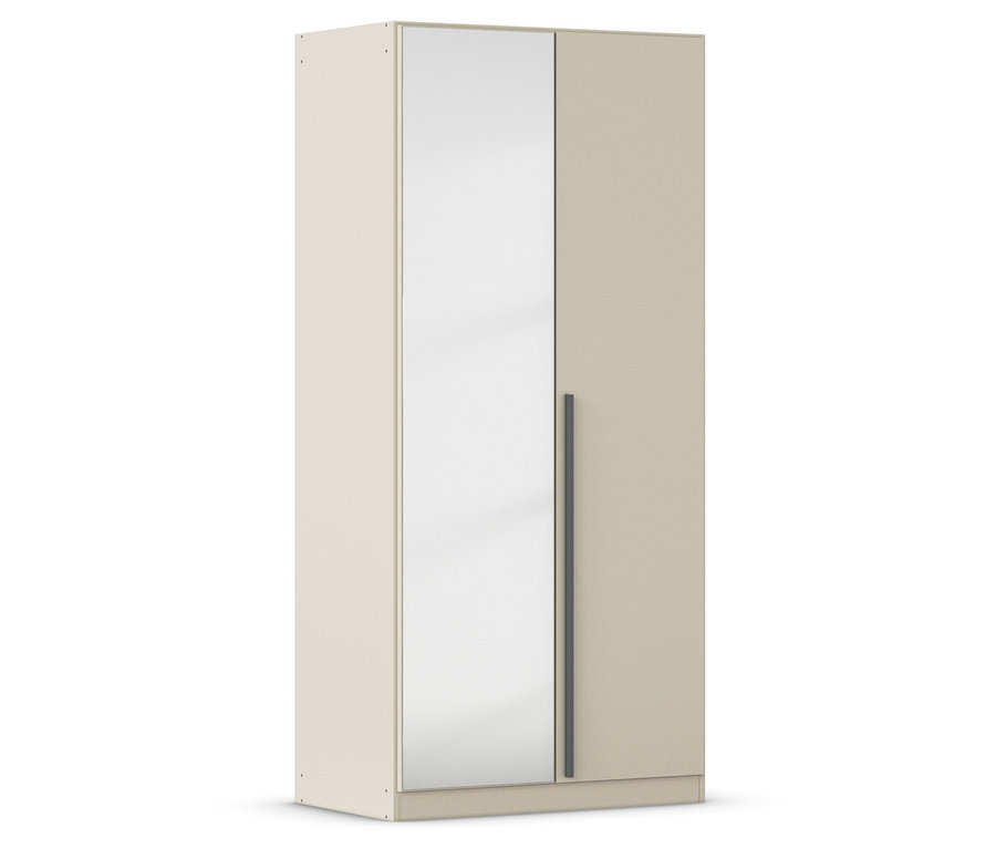 Beiger Schrank mit einer Spiegeltür.
