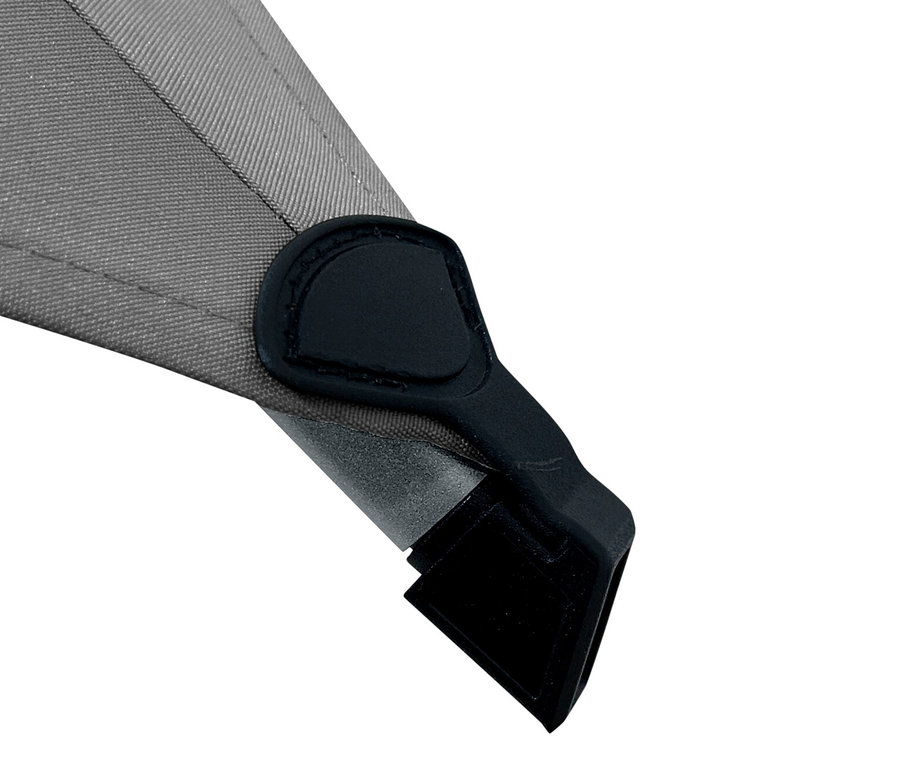 Detailansicht eines anthrazitfarbenen Leco Marktschirms 250 x 250 cm inklusive Abdeckhaube.