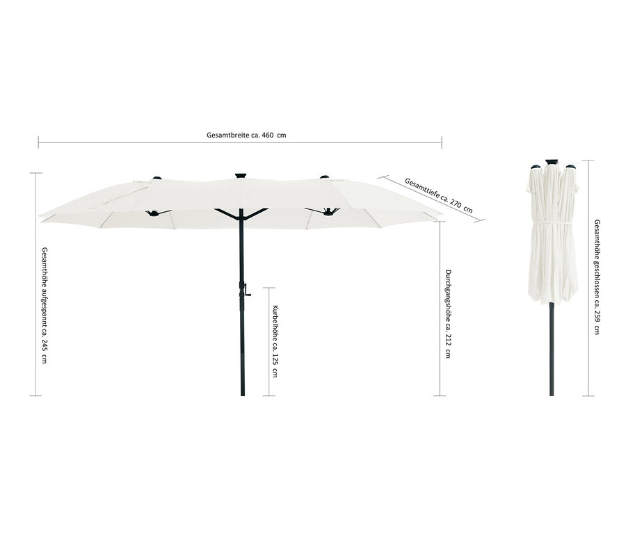 Geöffneter und geschlossener LECO Doppel-Sonnenschirm* mit LED-Beleuchtung, oval, ca. 270 x 460 cm, beige.