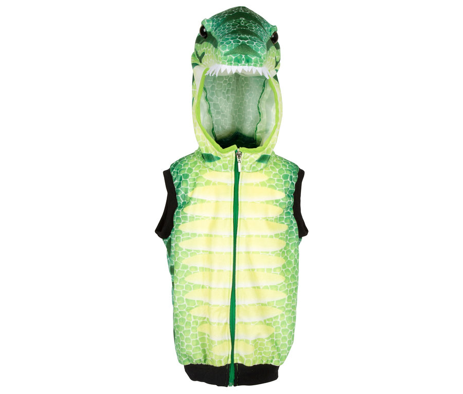 Grüne Weste mit Dinosaurier-Kapuze und Reißverschluss in der Mitte.