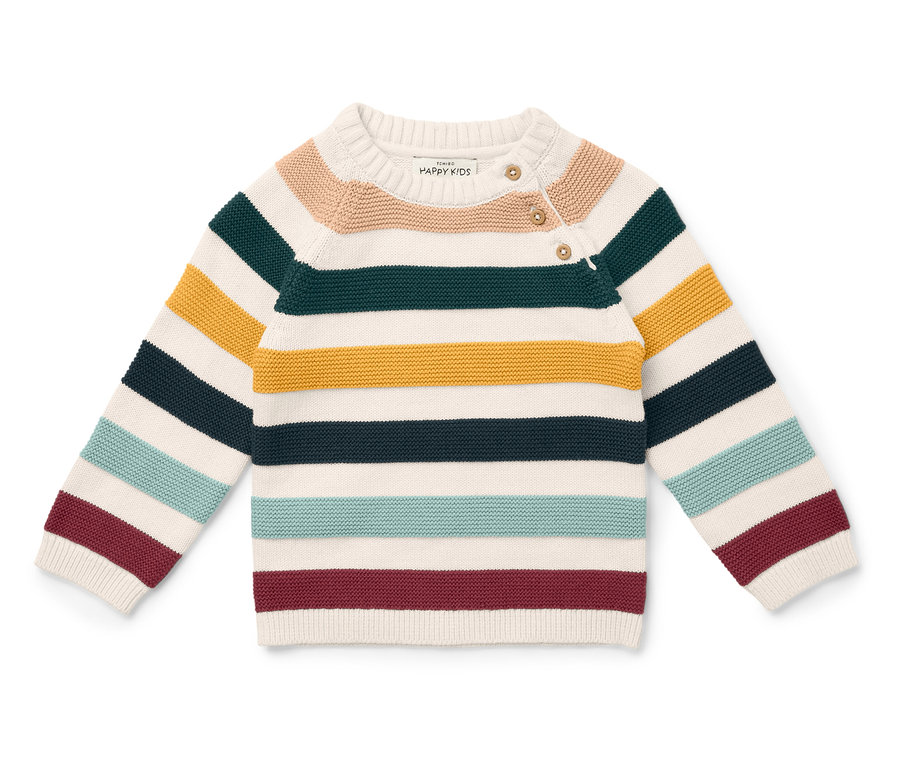 Gestreifter Langarmpullover in Beige, Grün, Gelb, Dunkelblau, Blaugrün und Burgunderrot.