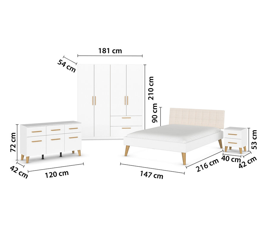Weißes Schlafzimmerset mit Bett, Nachttisch, Kommode und Schrank.