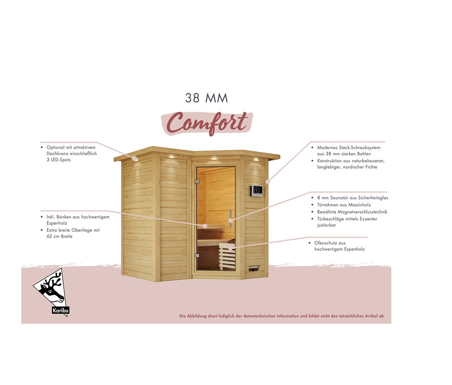 Karibu Sauna »Ayla«, Eckeinstieg aus hellem Naturholz mit Glastür.