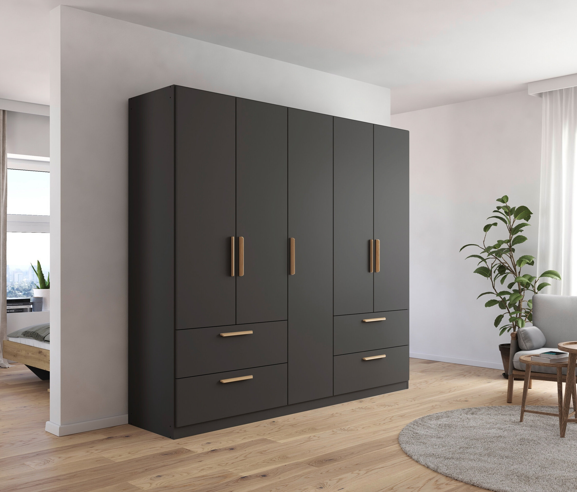 Schlafzimmer mit Rauch Drehtürenschrank »Skandi«, 5-türig, grau metallic mit Holzgriffen.
