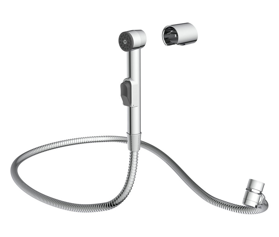 Bidetdusche mit silbernem Schlauch und Halterung.