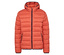 Orangefarbene Daunenjacke mit Kapuze und marineblauen Details.