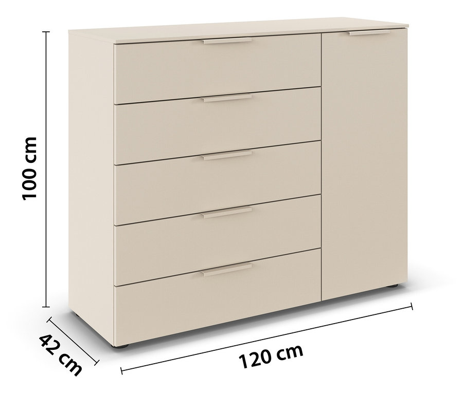 Beige Kommode mit fünf Schubladen und einem Schrankfach an der Seite. Die Abmessungen sind 100 cm hoch, 42 cm tief und 120 cm breit.