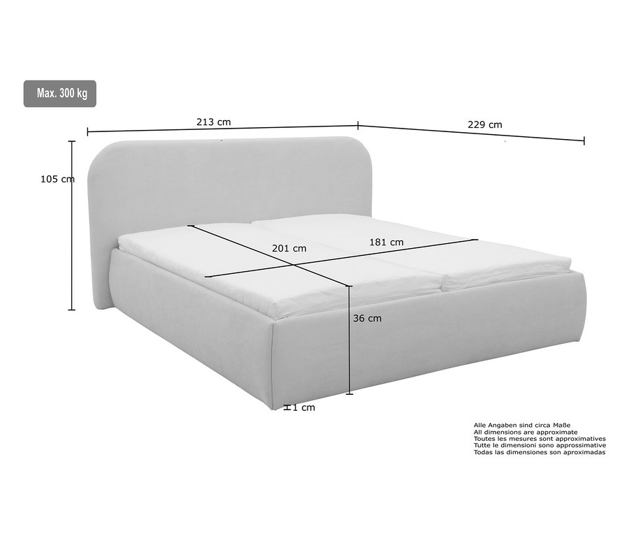 Abmessungen des grauen DOMO collection Polsterbetts, 180 x 200 cm.