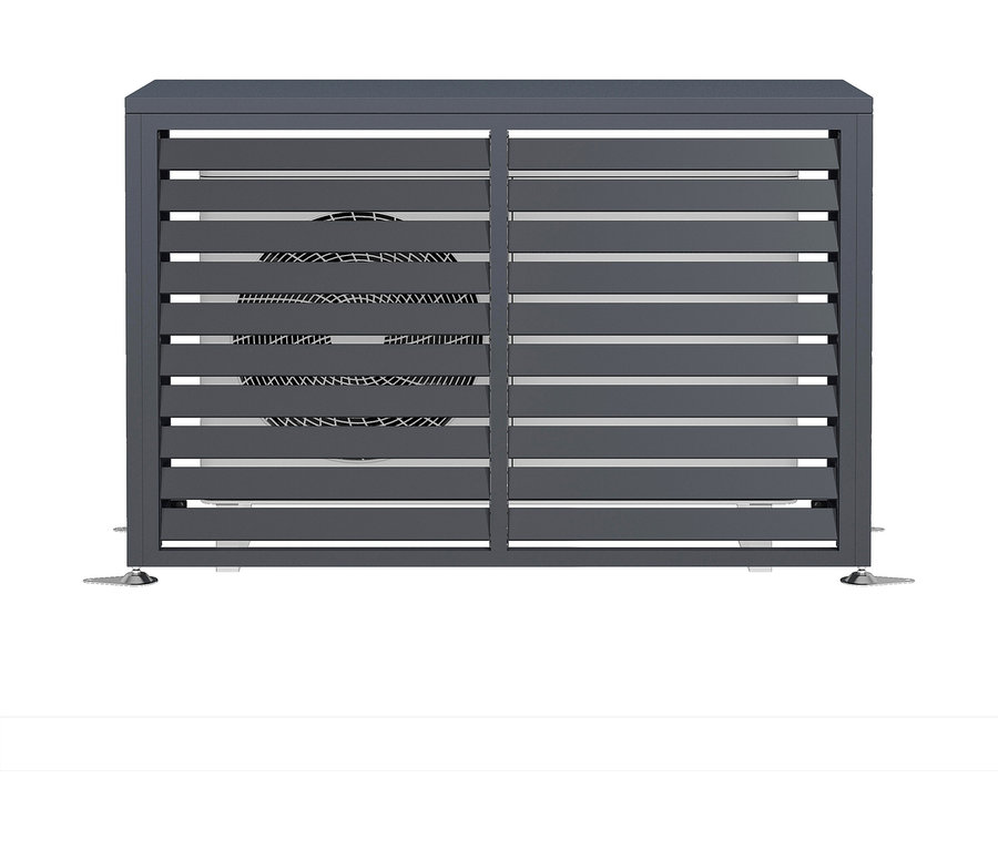 Ein grauer Sichtschutz mit horizontalen Lamellen steht vor einem weißen Hintergrund.