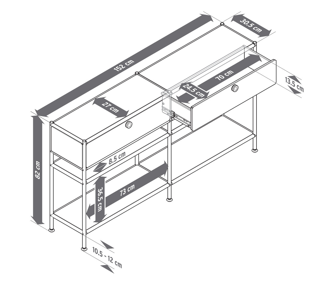 Draufsicht einer Metall-Konsole »CN3 Slim Line« mit zwei Schubladen, wobei eine Schublade geöffnet ist. Maße sind angegeben.