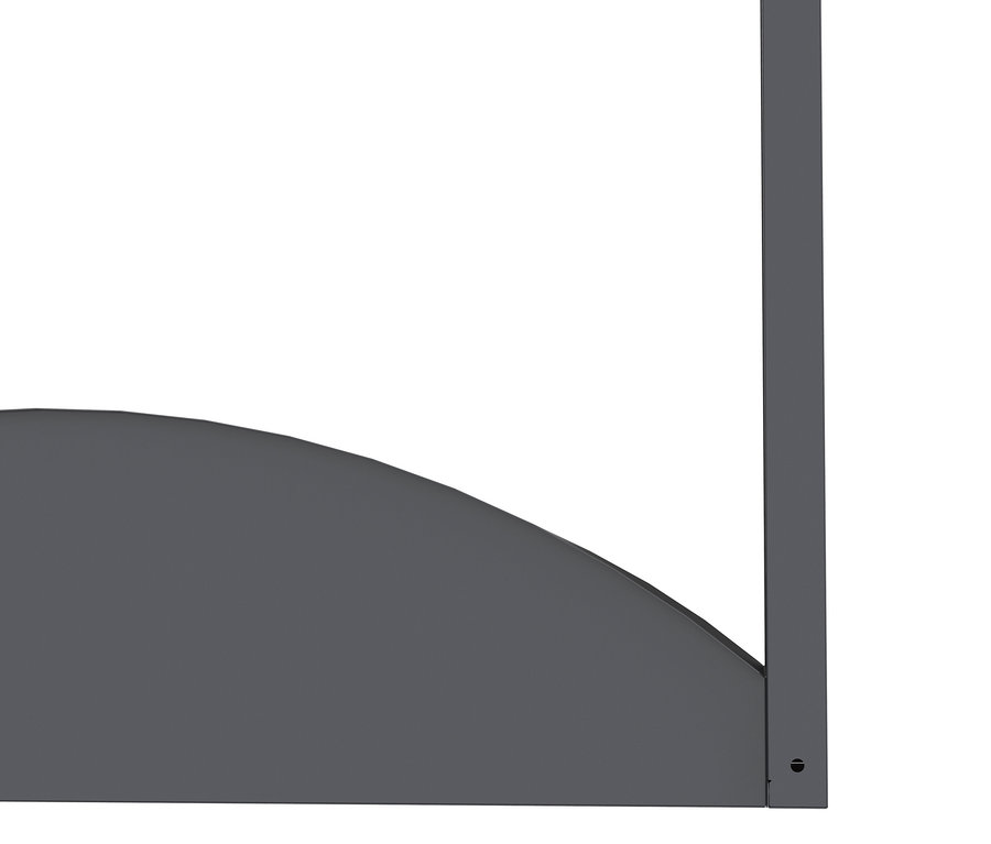 Nahaufnahme eines grauen Bettgestells mit gebogener Kopfteil-Ecke und senkrechtem Pfosten.