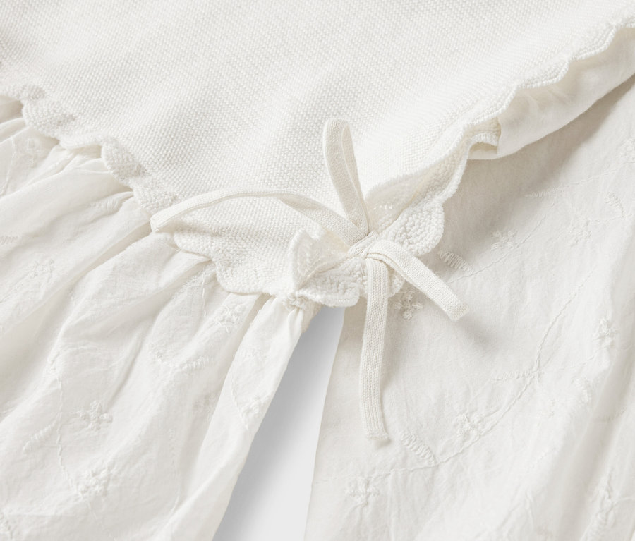 Detailaufnahme eines weißen Kleides mit Spitze und Bindeband.