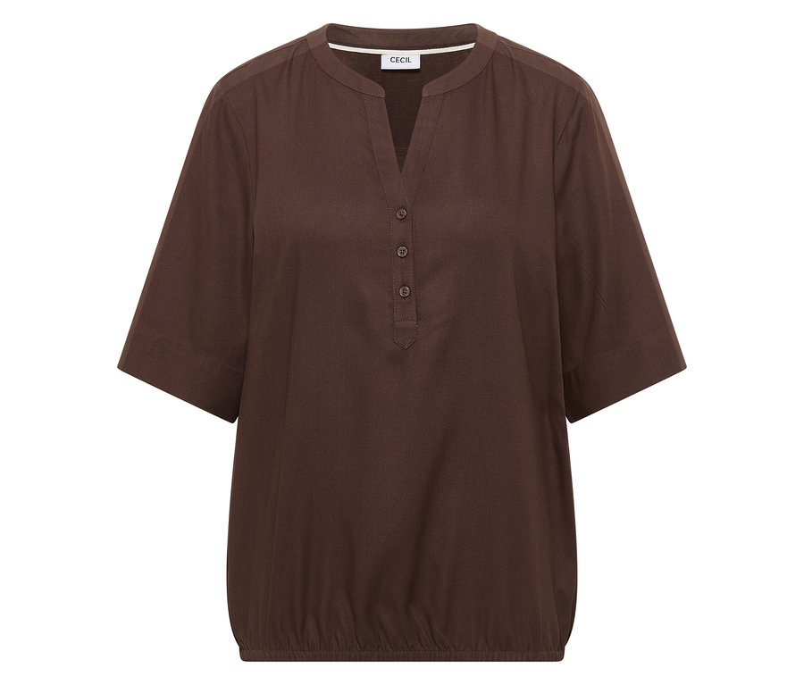 Braune CECIL Tunikabluse mit V-Ausschnitt und kurzen Ärmeln.
