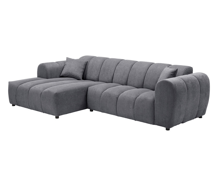 Graues modulares Sofa mit Chaiselongue und zwei Kissen.