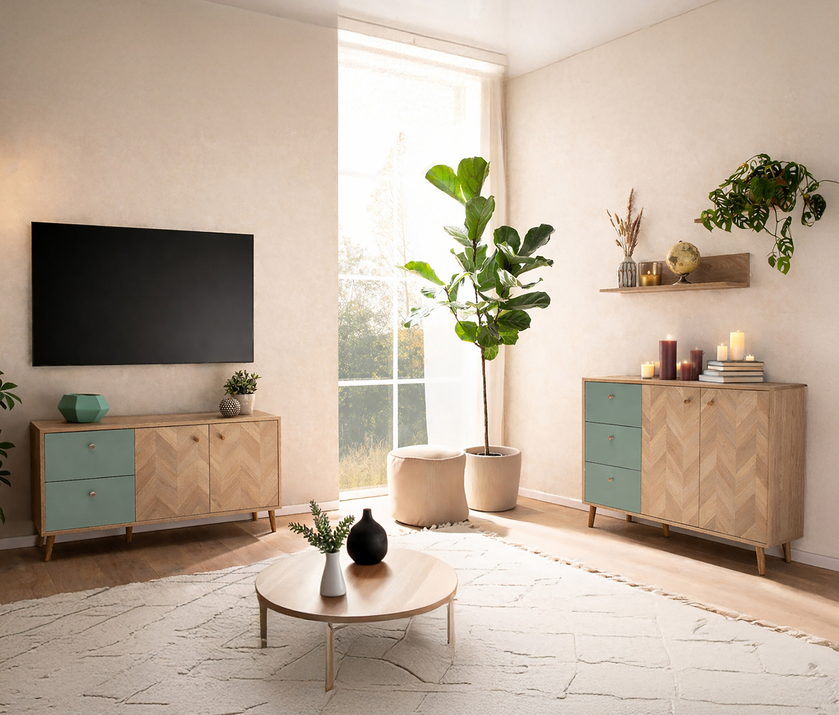 Wohnzimmer mit Fernseher, Kommoden, rundem Tisch, Zimmerpflanzen und Dekoration.