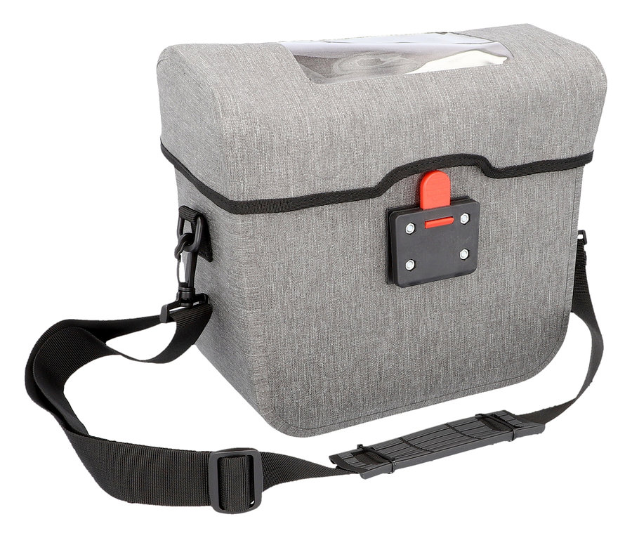 Graue FISCHER Lenkertasche PLUS Cita mit schwarzem Tragegurt und durchsichtigem Fach oben ist vor einem weißen Hintergrund zu sehen.