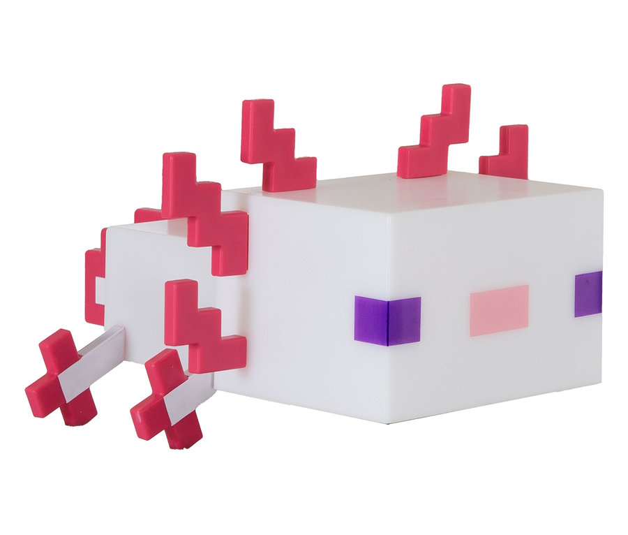 Würfelförmiger, weisser Axolotl mit pinken und lila Akzenten.