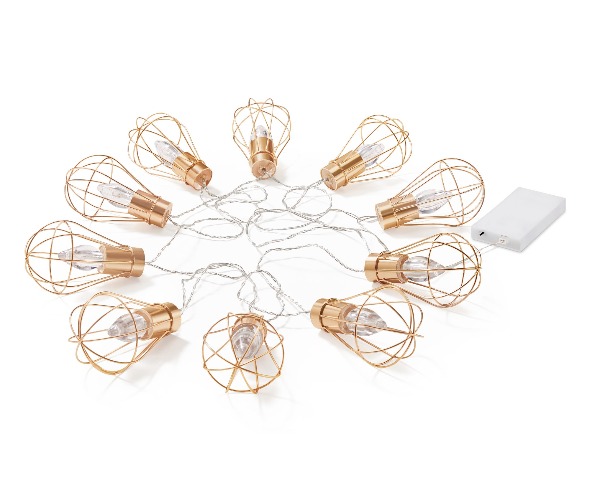 LED-Glühbirnen-Lichterkette auf weißem Hintergrund.