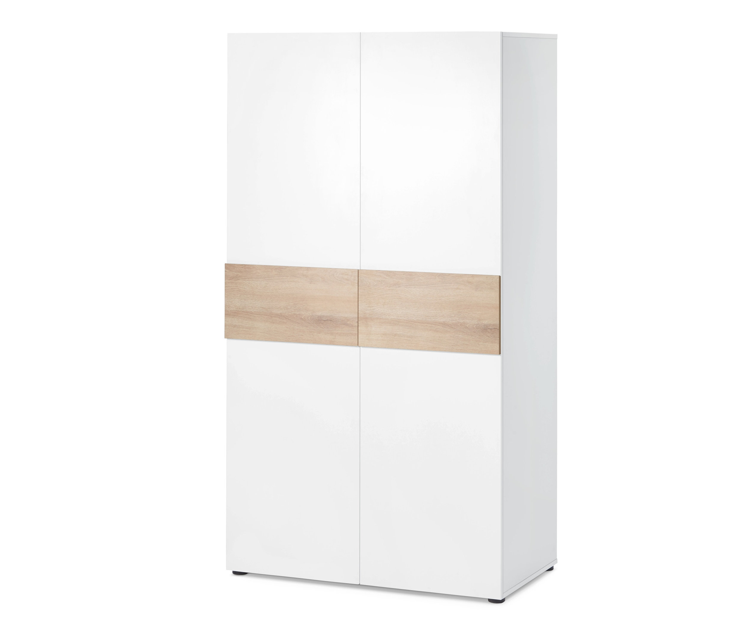 Ein 2-türiger Kleiderschrank mit weißen Türen und einem Holzdekor in der Mitte.