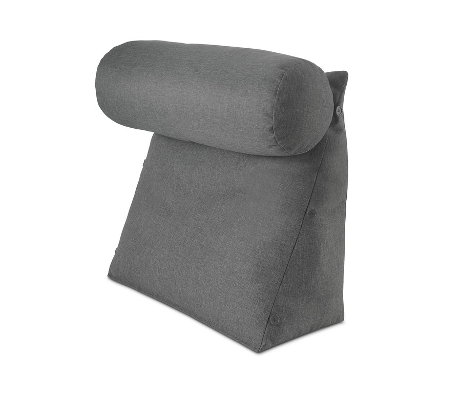 Ein graues Rückenkissen mit Nackenrolle.