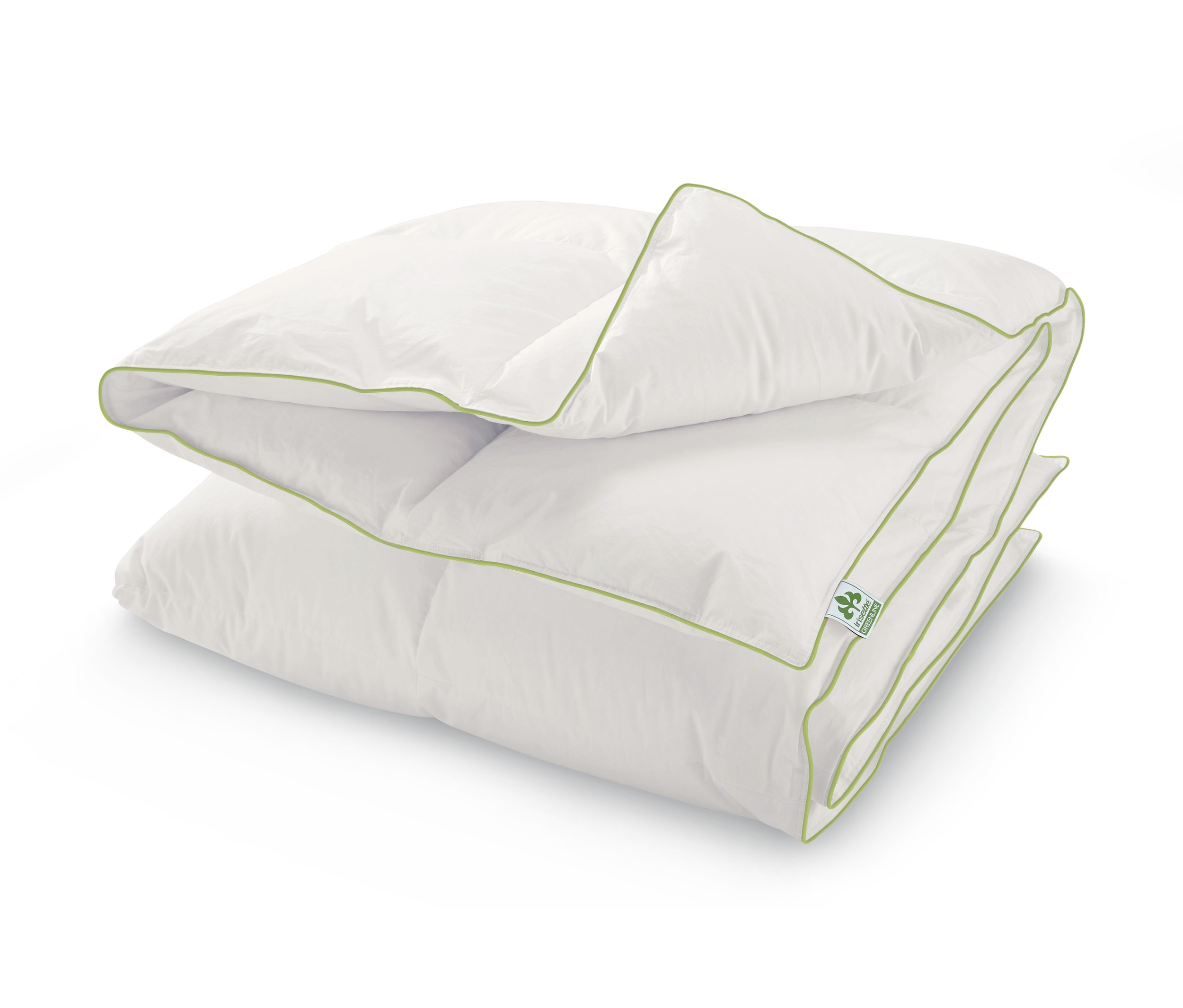 Ein gefaltetes, weißes irisette® greenline Daunen-Kassettenbett mit grünem Rand.