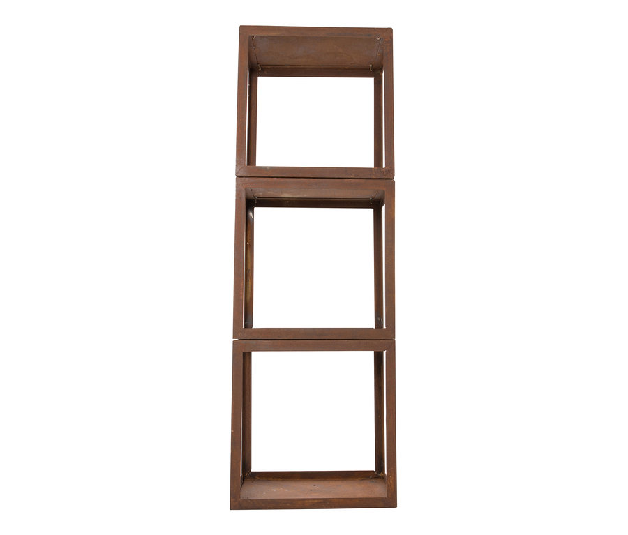 Modulares Brennholzregal, bestehend aus drei braunen, quadratischen Rahmen, die übereinander gestapelt sind.