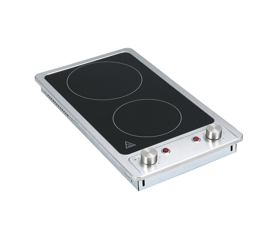 Zwei-Platten-Kochfeld mit silbernem Rahmen und zwei Drehknöpfen.