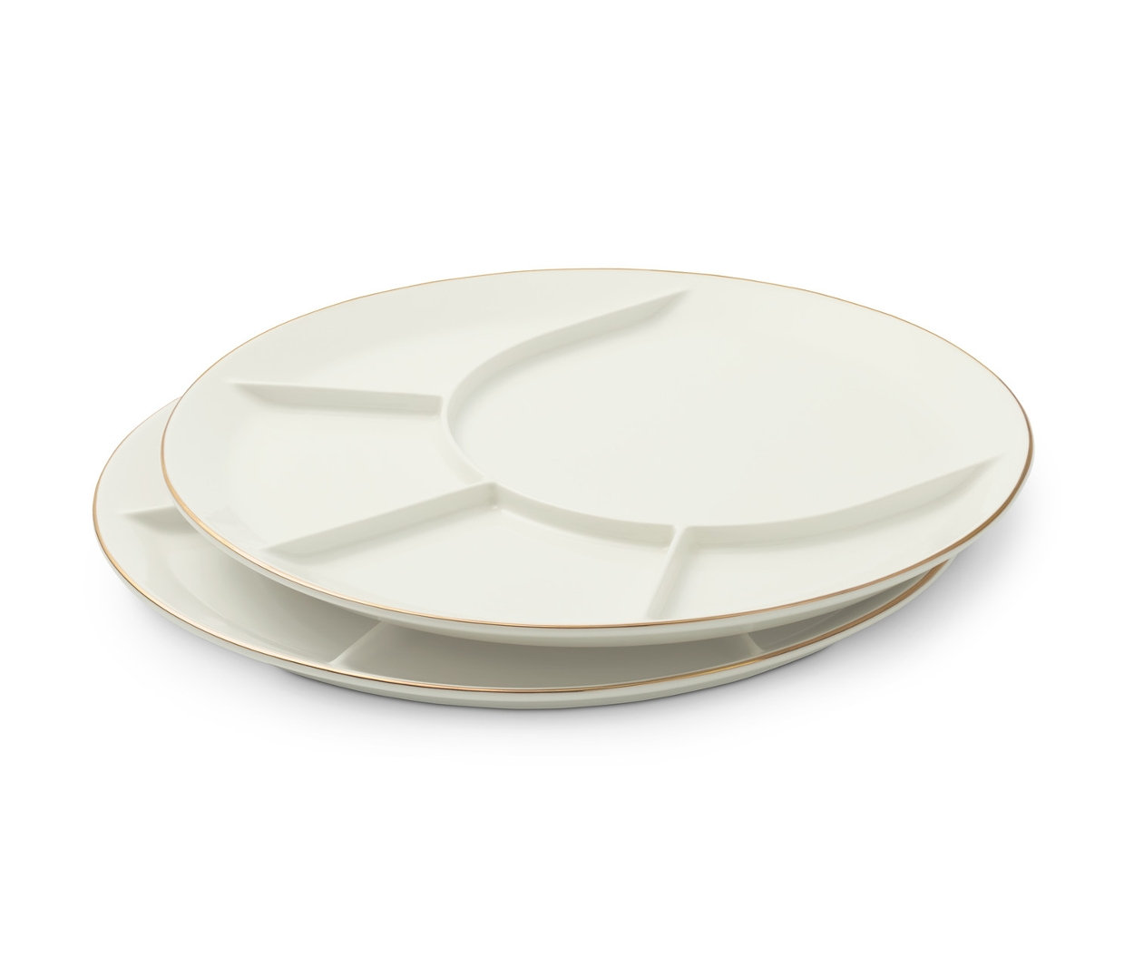 Zwei Fondue- und Servierteller mit Glanzgolddekorrand liegen übereinander.
