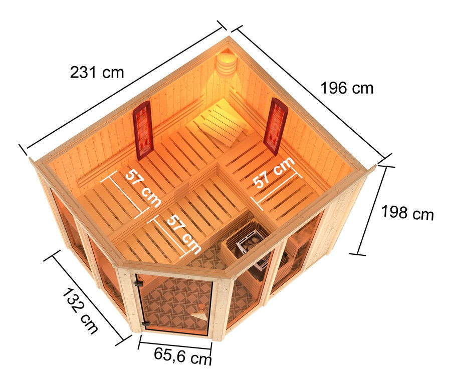Draufsicht der Karibu Sauna »Scarlett Plus«, Bio mit Abmessungen.
