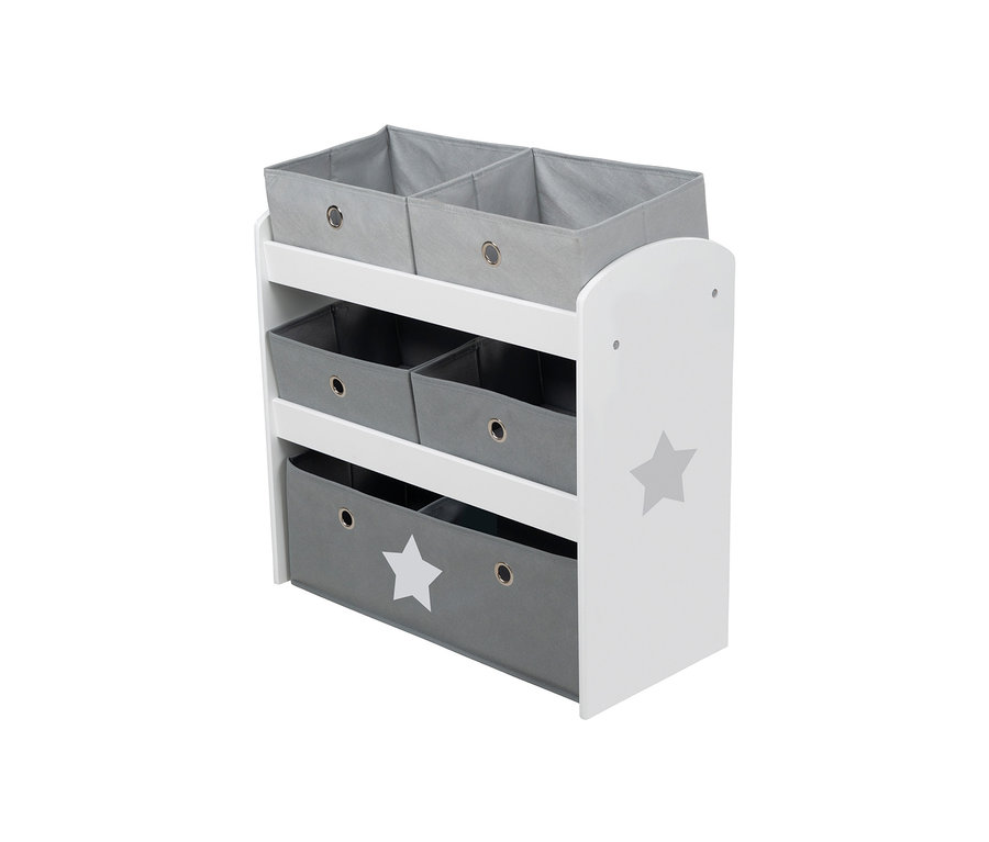 Weißes roba Spielregal »Stars« mit drei Ablagen und sechs grauen Stoffkörben.