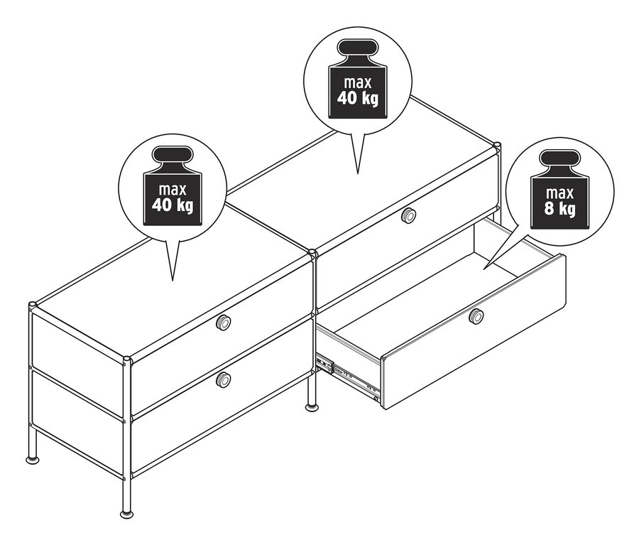 Ein Lowboard Metall »CN3« mit 4 Schubladen, eine Schublade ist geöffnet.