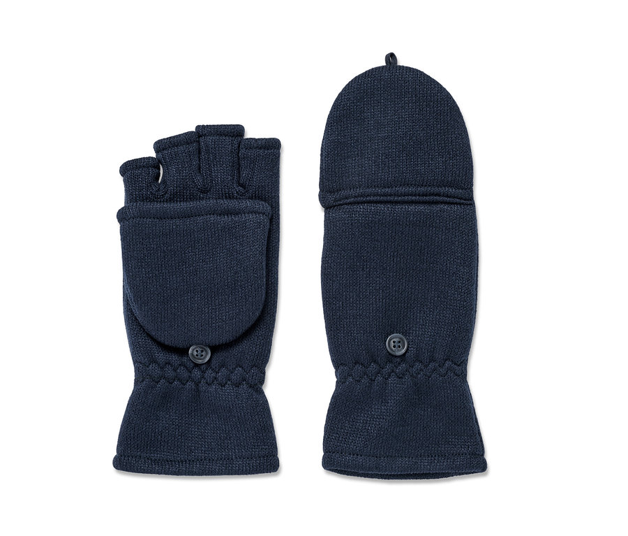 Zwei marineblaue Kinder-Strickfleece-Klappfäustlinge, einer mit geöffneter Klappe.