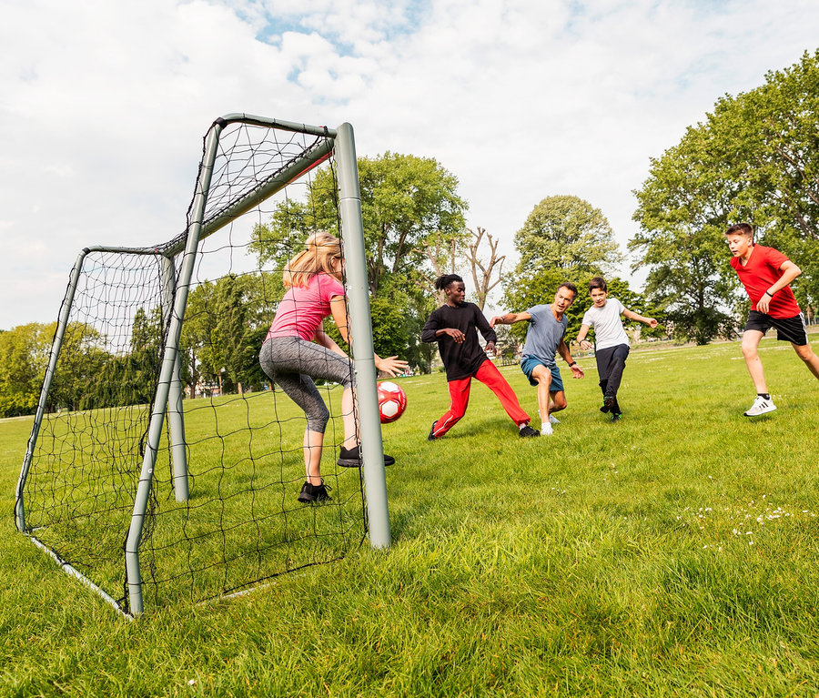 Eine Gruppe von Leuten spielt Fußball auf einer Wiese mit einem HUDORA Fußballtor »Expert 240«.