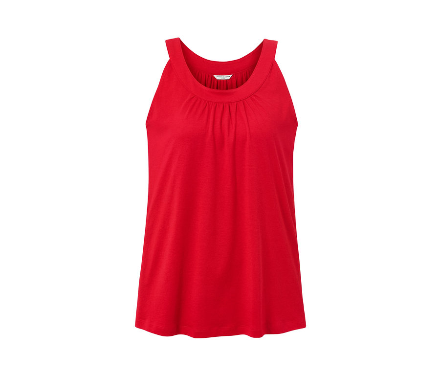 Rotes Top ohne Ärmel.